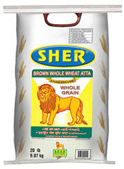Sher Brown Whole Wheat Whole Grain Flour - ATTA -20lb - Punjabi Groceries
