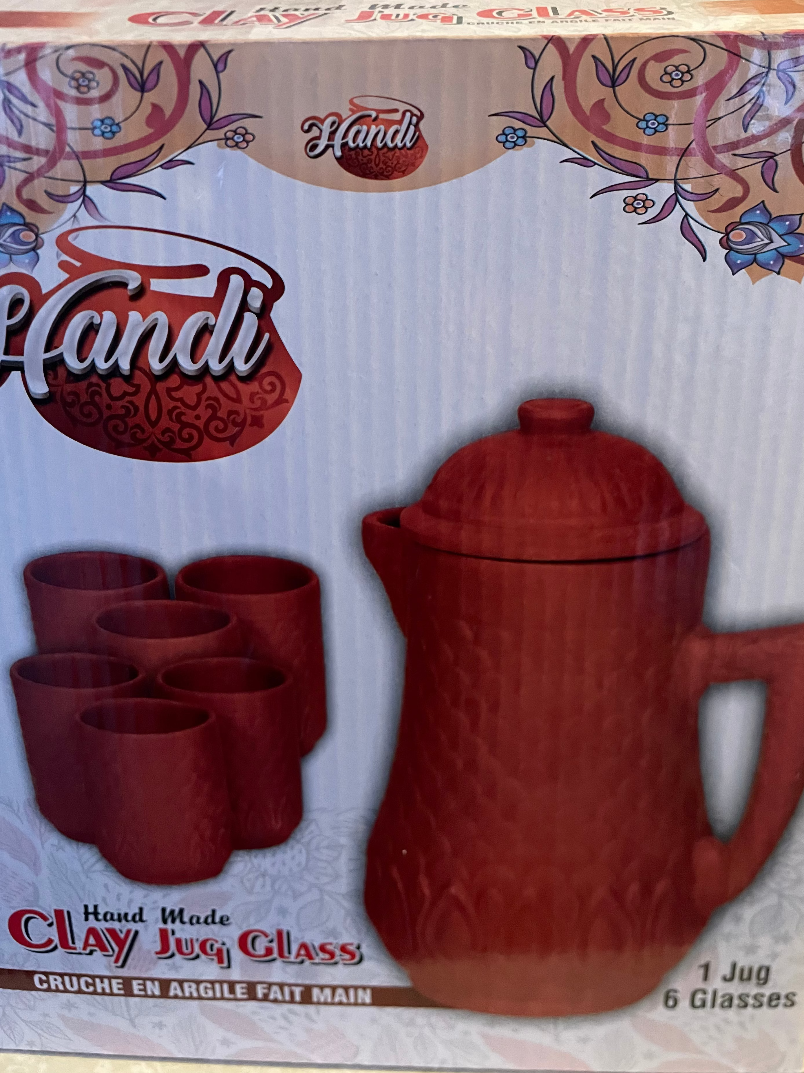 Handmade clay jug with lid and 6 glasses.