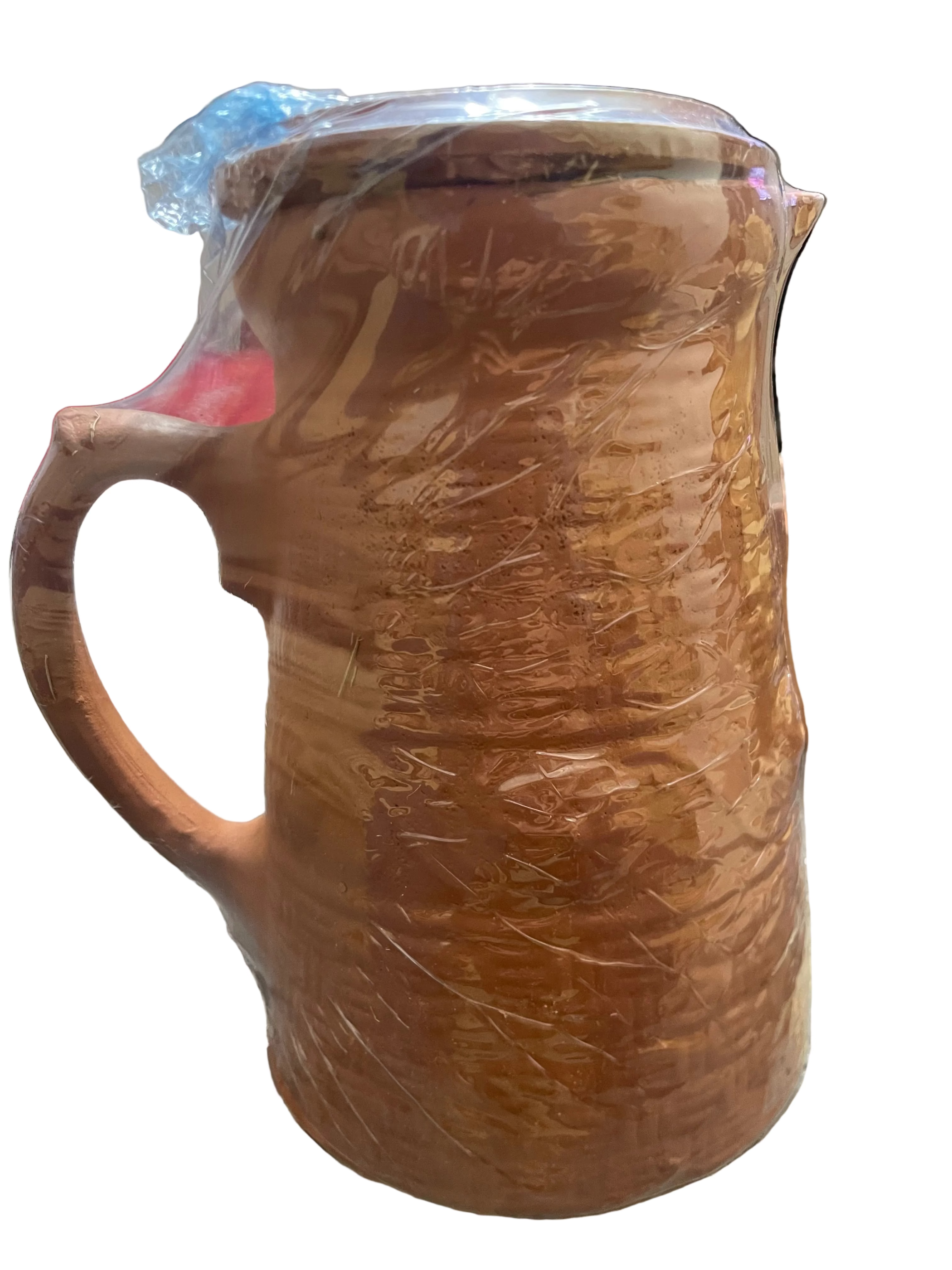 Handmade clay jug with lid and 6 glasses.