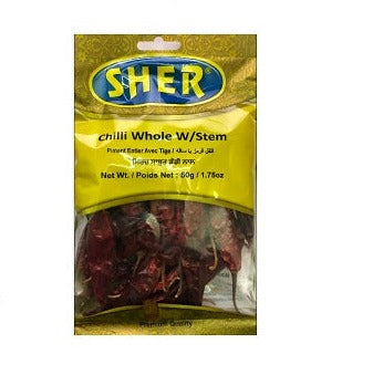 Whole Red Chilli Peppers with Stem - Sher - 50 g