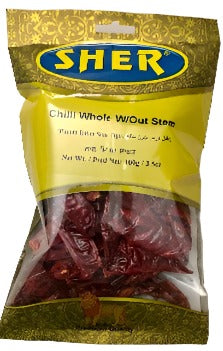 Whole Red Chilli Peppers W/O Stem - Sher - 100 g